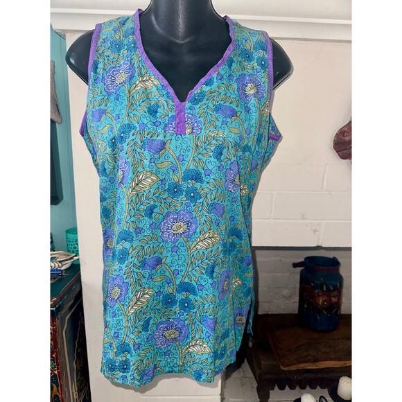 VINTAGE BOHO FLORAL FOIL PRINT SLEEVELESS TOP S - Picture 1 of 7